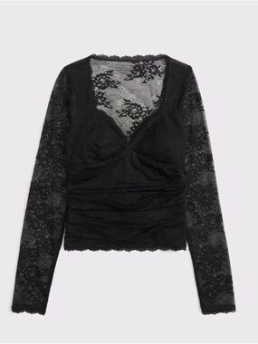 Abercrombie & Fitch Black Lace Long Sleeve V-Neck Top